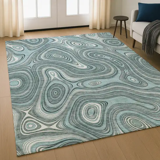 Sky Blue And Ivory Geometric Washable Area Rug With UV Protection Photo 5