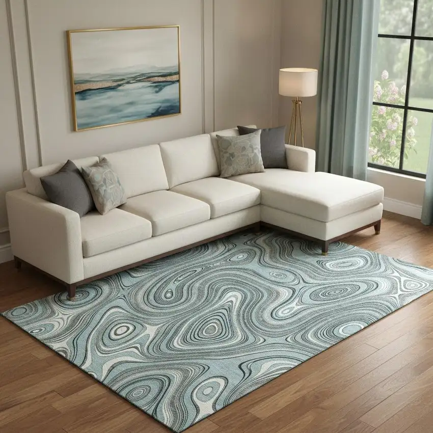 Sky Blue And Ivory Geometric Washable Area Rug With UV Protection Photo 2