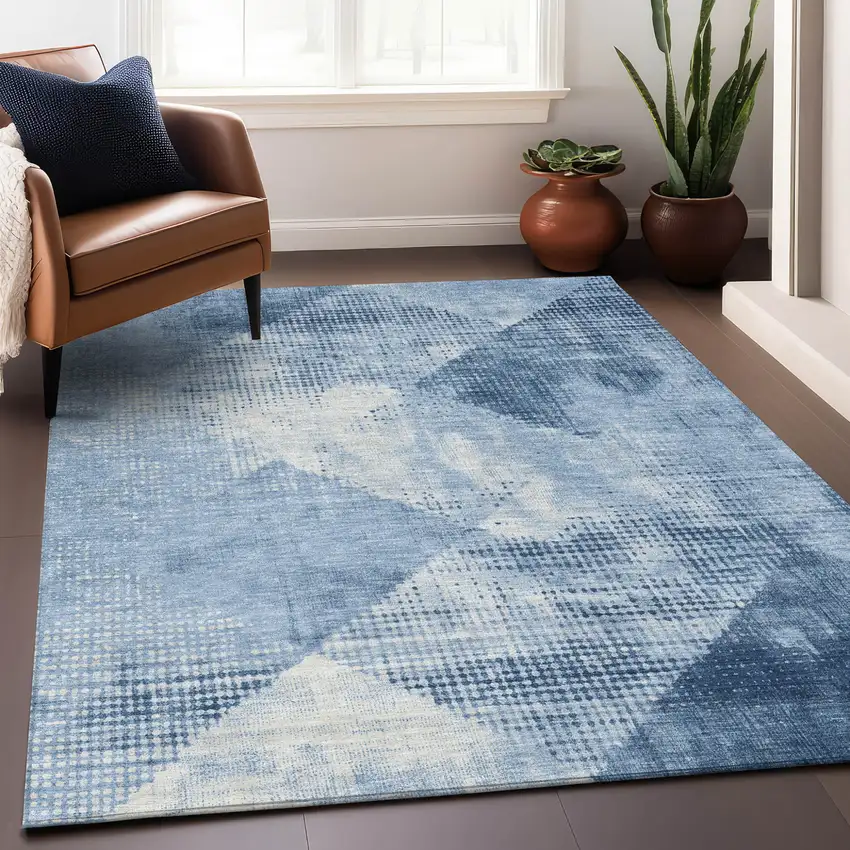 Sky Blue And Ivory Geometric Washable Indoor Outdoor Area Rug Photo 6
