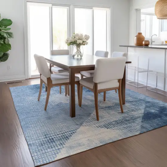 Sky Blue And Ivory Geometric Washable Indoor Outdoor Area Rug Photo 7