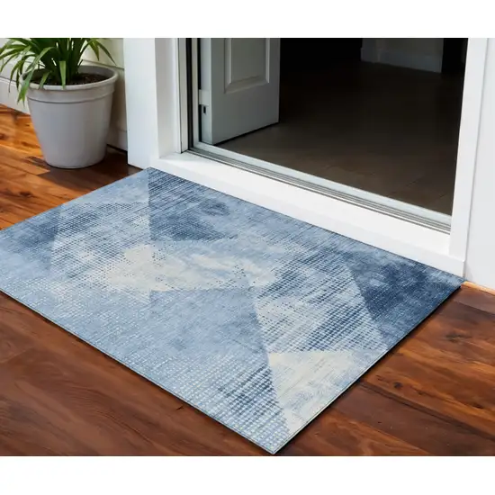 Sky Blue And Ivory Geometric Washable Indoor Outdoor Area Rug Photo 1