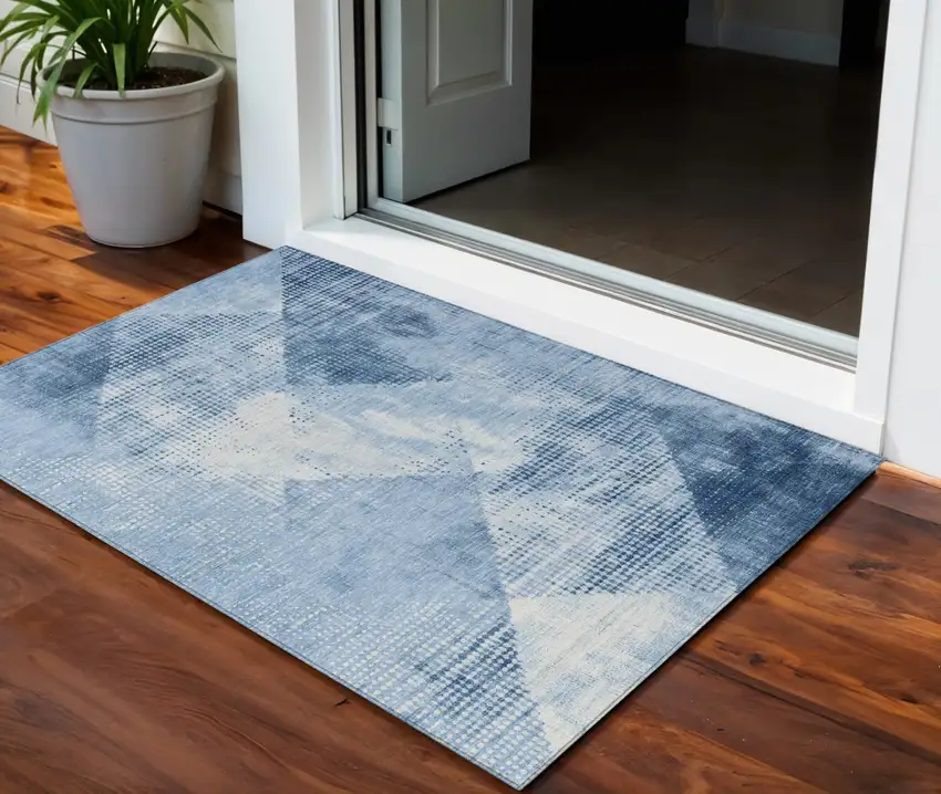 Sky Blue And Ivory Geometric Washable Indoor Outdoor Area Rug Photo 1