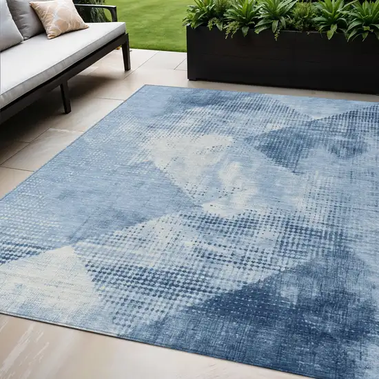 Sky Blue And Ivory Geometric Washable Indoor Outdoor Area Rug Photo 1