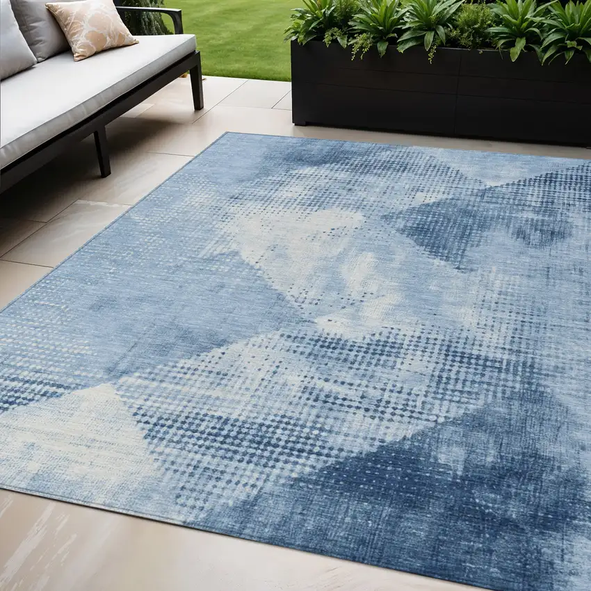 Sky Blue And Ivory Geometric Washable Indoor Outdoor Area Rug Photo 1