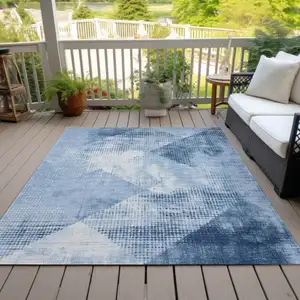 Photo of Sky Blue And Ivory Geometric Washable Indoor Outdoor Area Rug