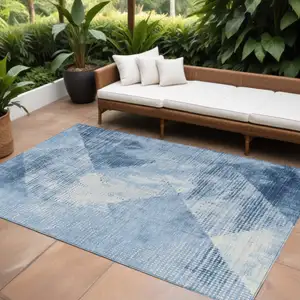 Photo of Sky Blue And Ivory Geometric Washable Indoor Outdoor Area Rug