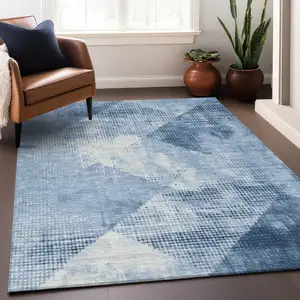 Photo of Sky Blue And Ivory Geometric Washable Indoor Outdoor Area Rug
