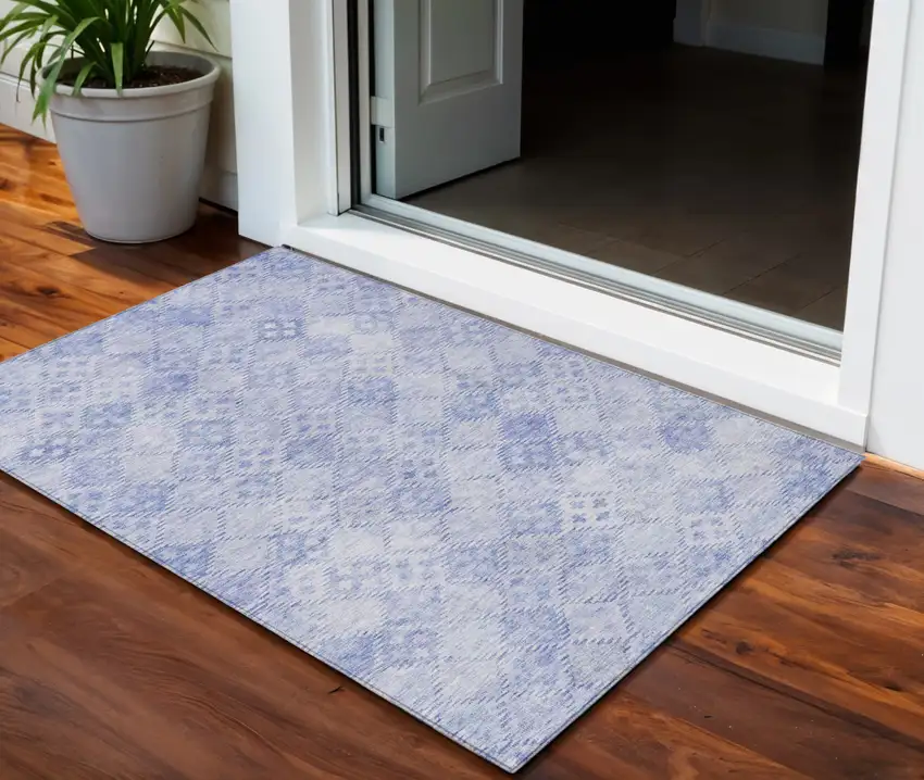 Sky Blue And Ivory Geometric Washable Indoor Outdoor Area Rug Photo 1
