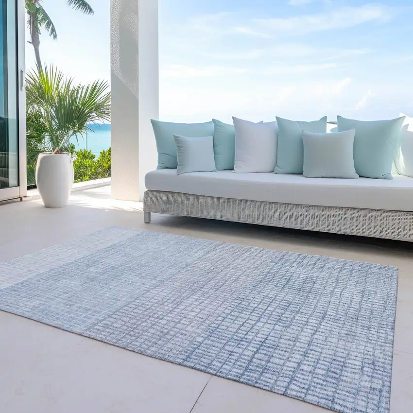 Sky Blue And Ivory Geometric Washable Indoor Outdoor Area Rug Photo 5