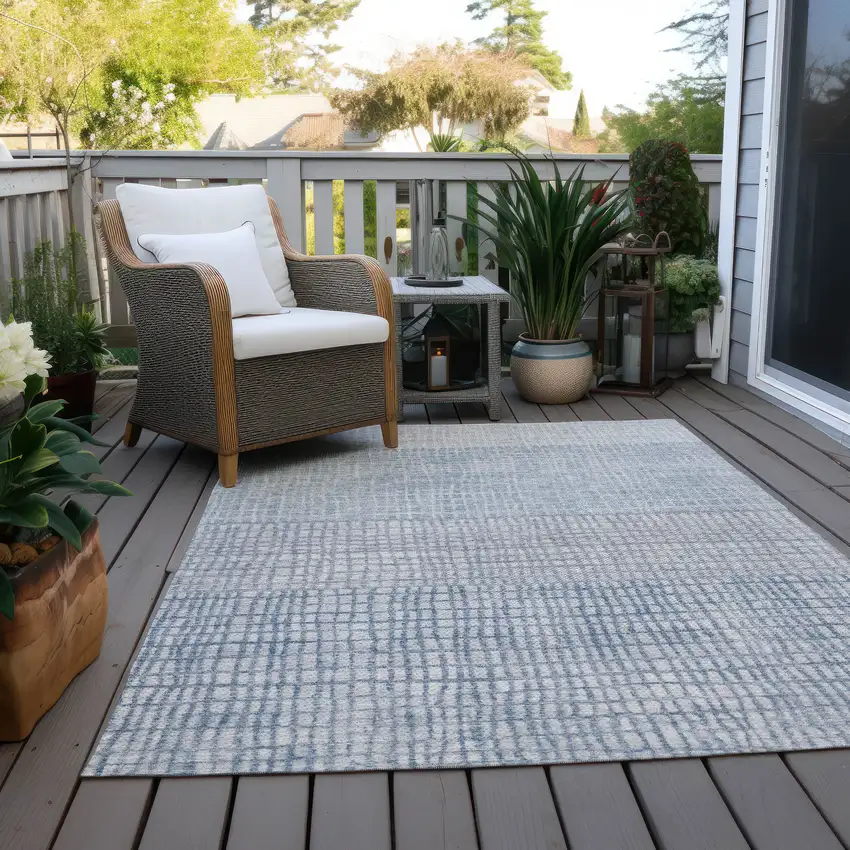 Sky Blue And Ivory Geometric Washable Indoor Outdoor Area Rug Photo 8
