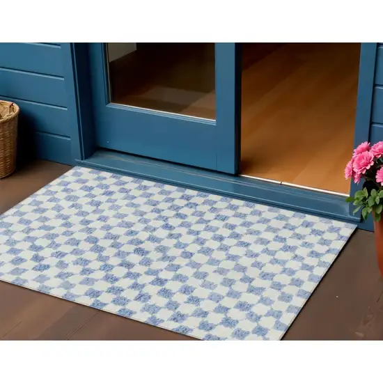Sky Blue And Ivory Geometric Washable Indoor Outdoor Area Rug Photo 2