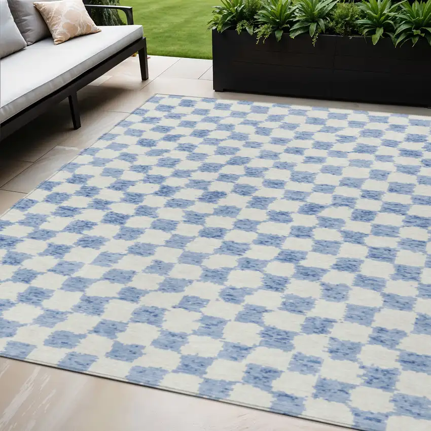 Sky Blue And Ivory Geometric Washable Indoor Outdoor Area Rug Photo 2