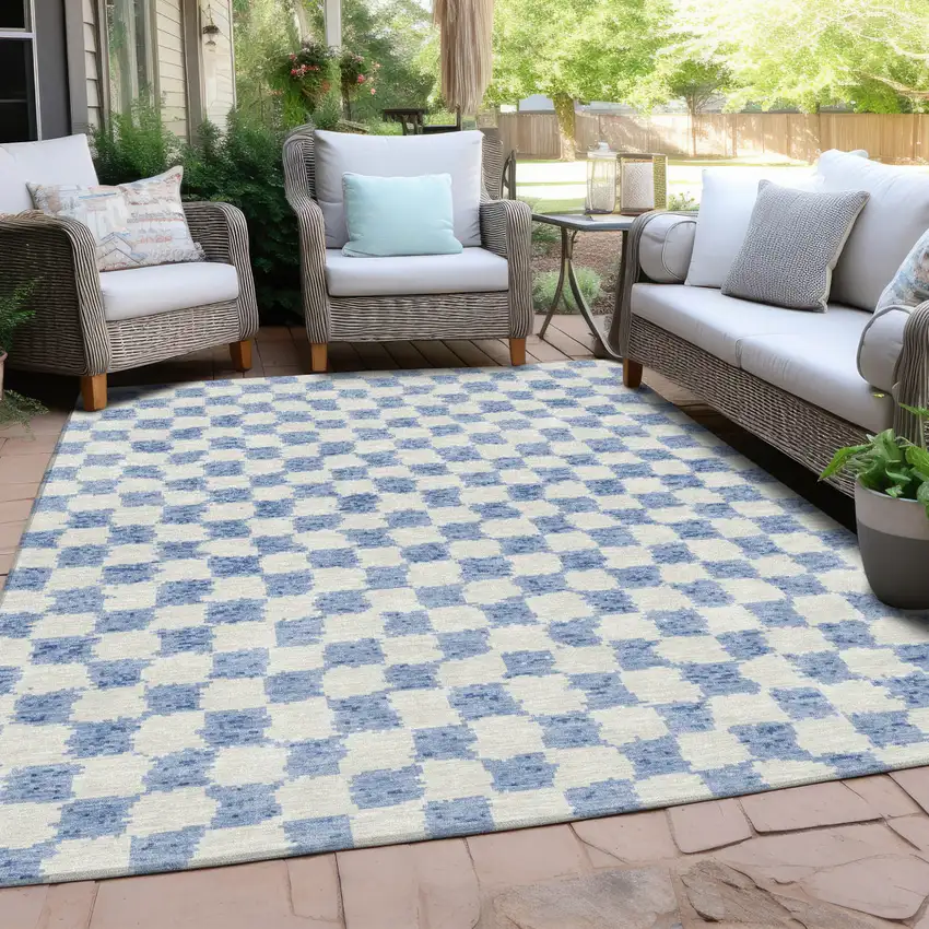 Sky Blue And Ivory Geometric Washable Indoor Outdoor Area Rug Photo 5