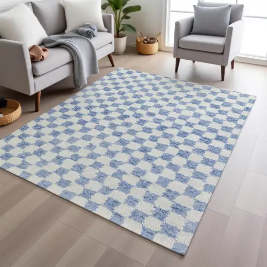Sky Blue And Ivory Geometric Washable Indoor Outdoor Area Rug Photo 6