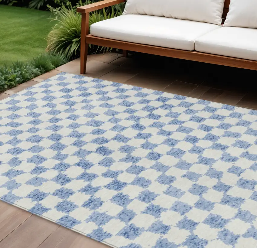 Sky Blue And Ivory Geometric Washable Indoor Outdoor Area Rug Photo 2