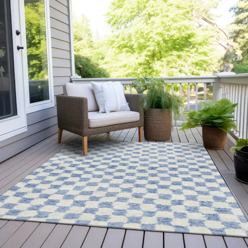 Sky Blue And Ivory Geometric Washable Indoor Outdoor Area Rug Photo 8