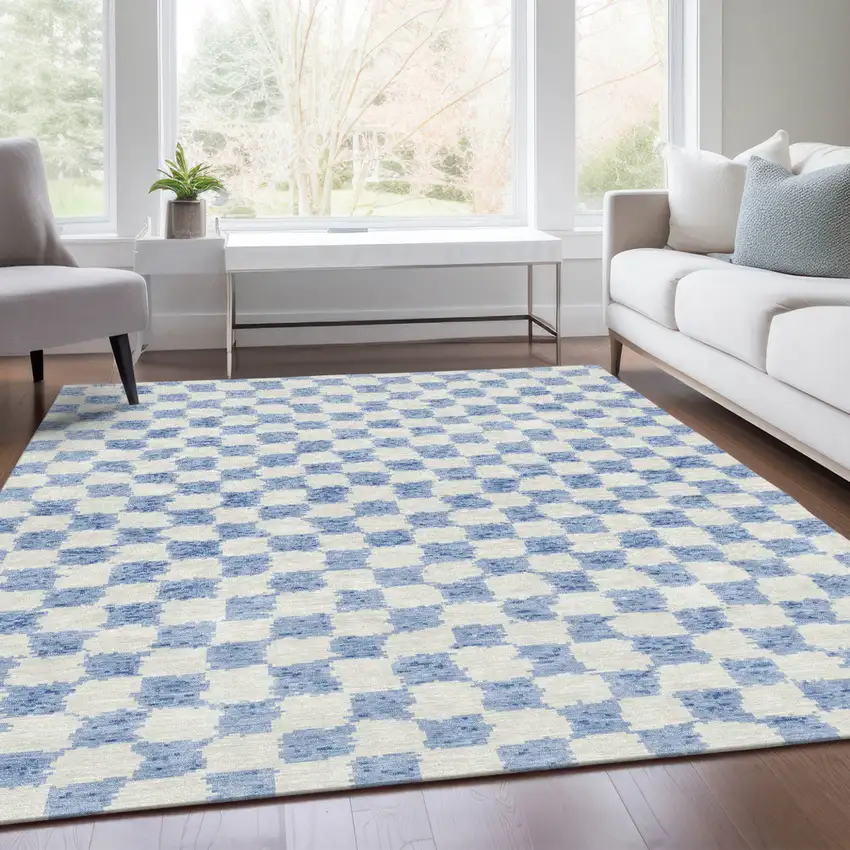 Sky Blue And Ivory Geometric Washable Indoor Outdoor Area Rug Photo 7