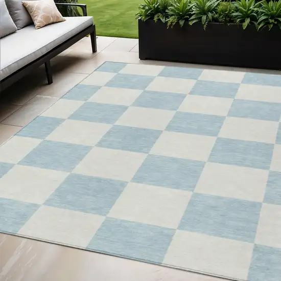 Sky Blue And Ivory Geometric Washable Indoor Outdoor Area Rug Photo 1