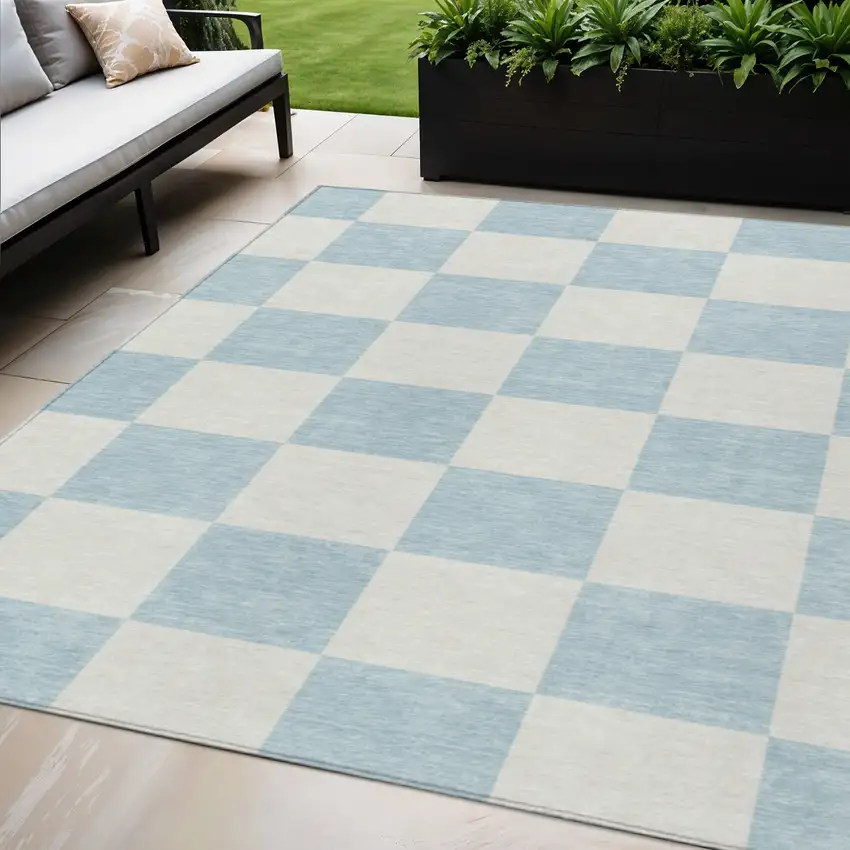 Sky Blue And Ivory Geometric Washable Indoor Outdoor Area Rug Photo 1