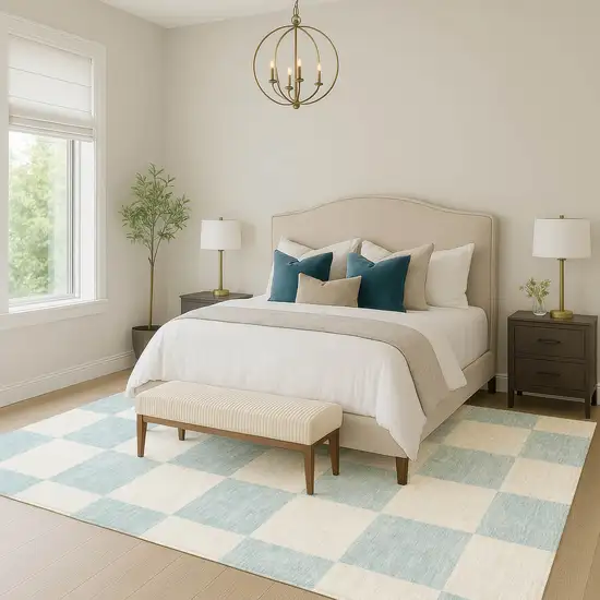 Sky Blue And Ivory Geometric Washable Indoor Outdoor Area Rug Photo 8