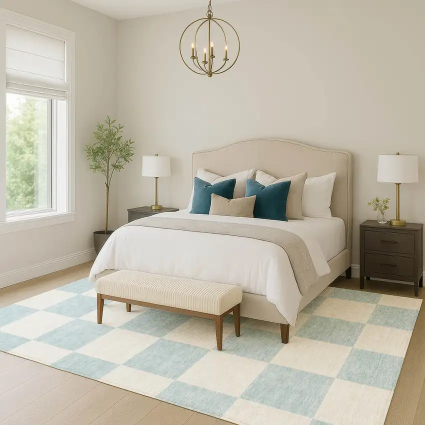 Sky Blue And Ivory Geometric Washable Indoor Outdoor Area Rug Photo 8