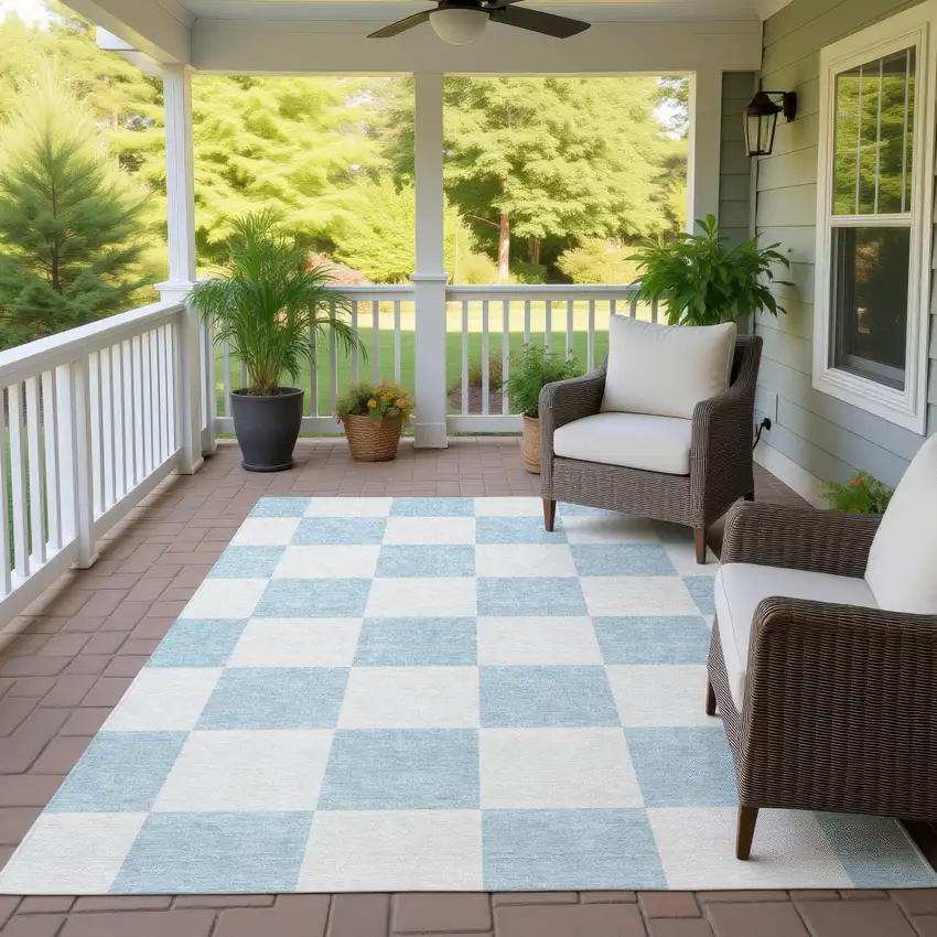 Sky Blue And Ivory Geometric Washable Indoor Outdoor Area Rug Photo 9