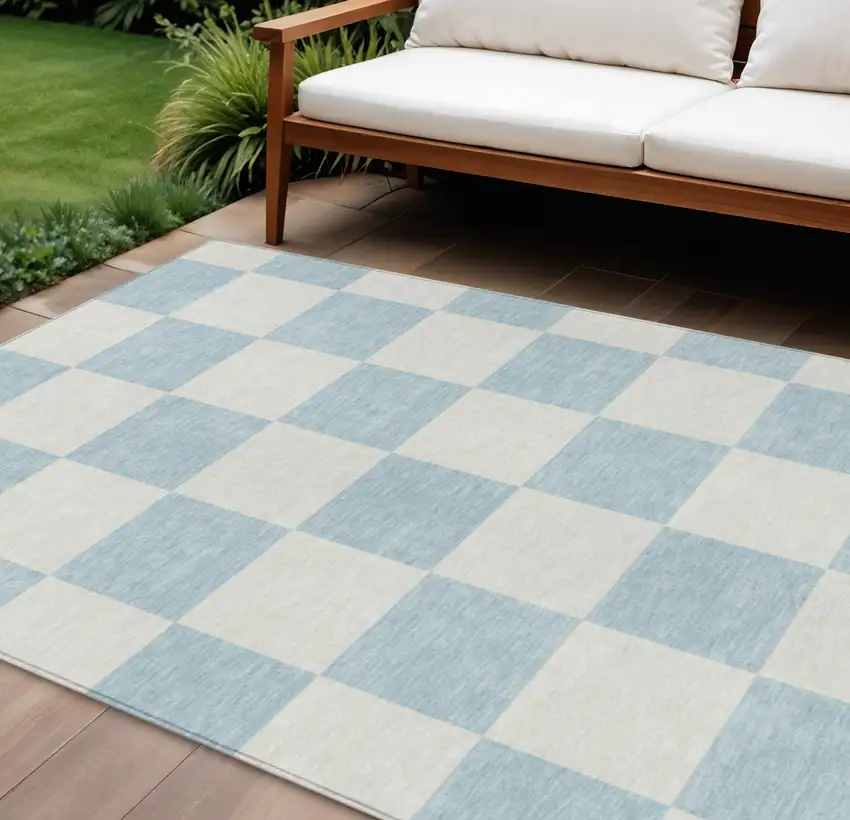 Sky Blue And Ivory Geometric Washable Indoor Outdoor Area Rug Photo 1
