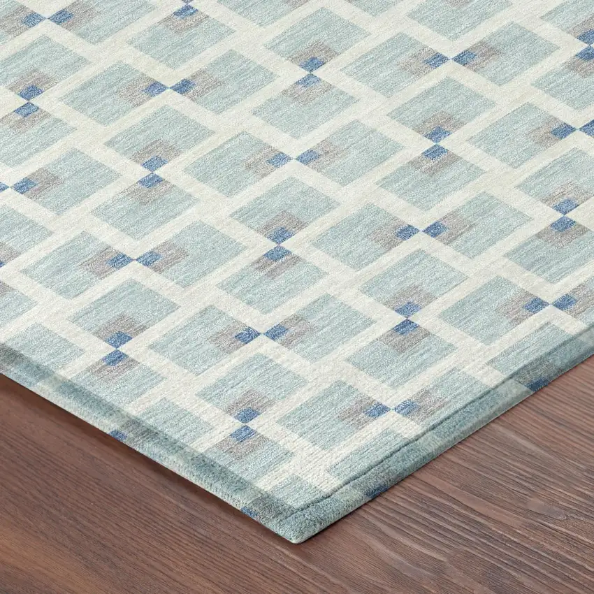 Sky Blue And Ivory Geometric Washable Indoor Outdoor Area Rug Photo 4