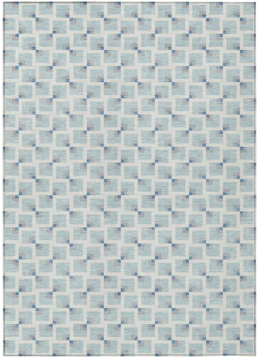 Sky Blue And Ivory Geometric Washable Indoor Outdoor Area Rug Photo 1