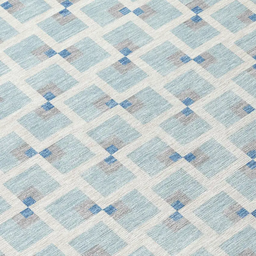 Sky Blue And Ivory Geometric Washable Indoor Outdoor Area Rug Photo 5