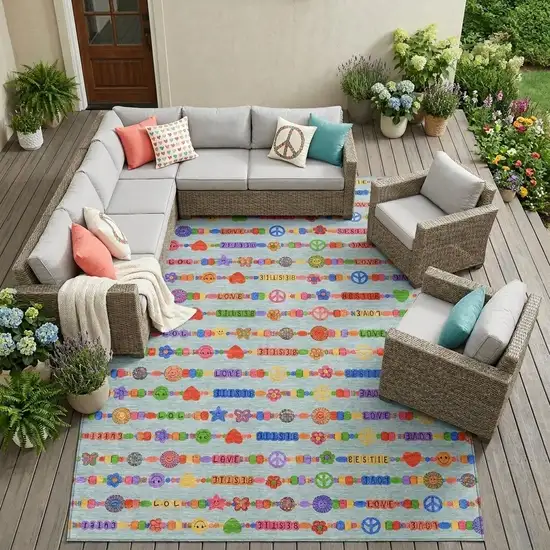 Sky Blue And Ivory Geometric Washable Indoor Outdoor Area Rug Photo 1