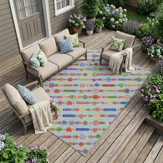 Sky Blue And Ivory Geometric Washable Indoor Outdoor Area Rug Photo 1