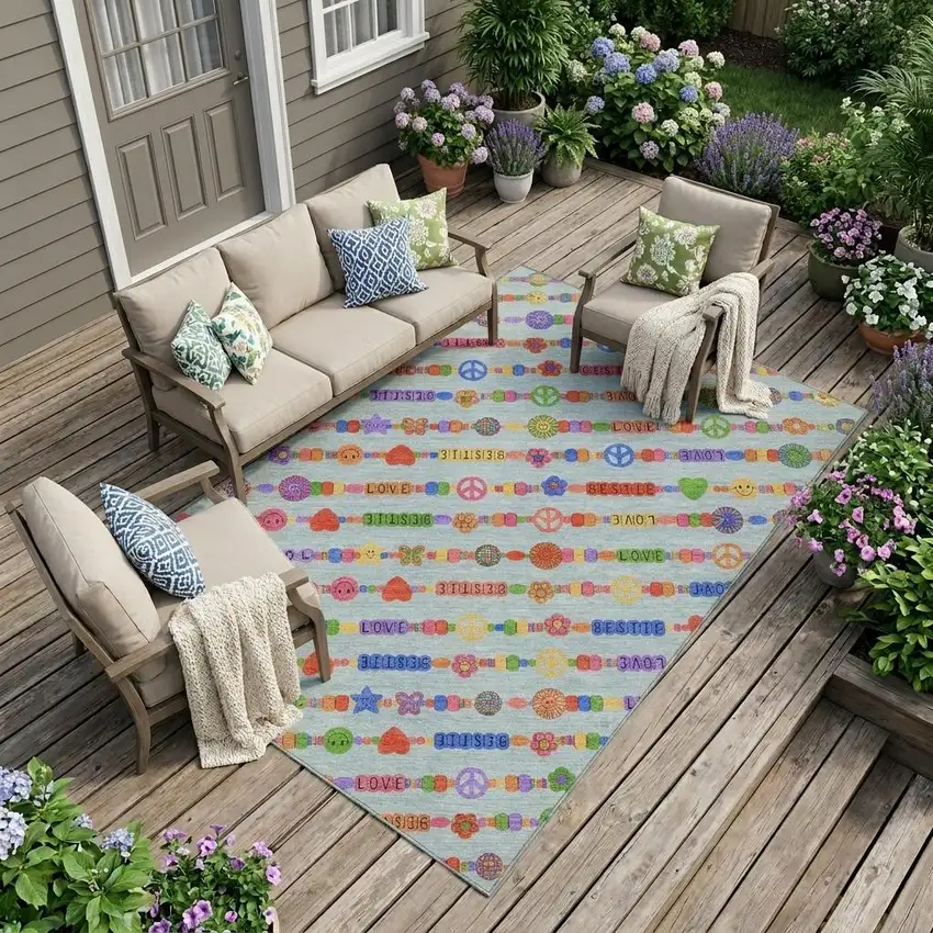 Sky Blue And Ivory Geometric Washable Indoor Outdoor Area Rug Photo 1