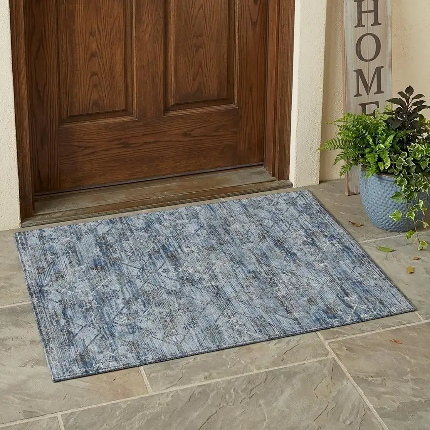 Sky Blue And Ivory Geometric Washable Indoor Outdoor Area Rug Photo 1