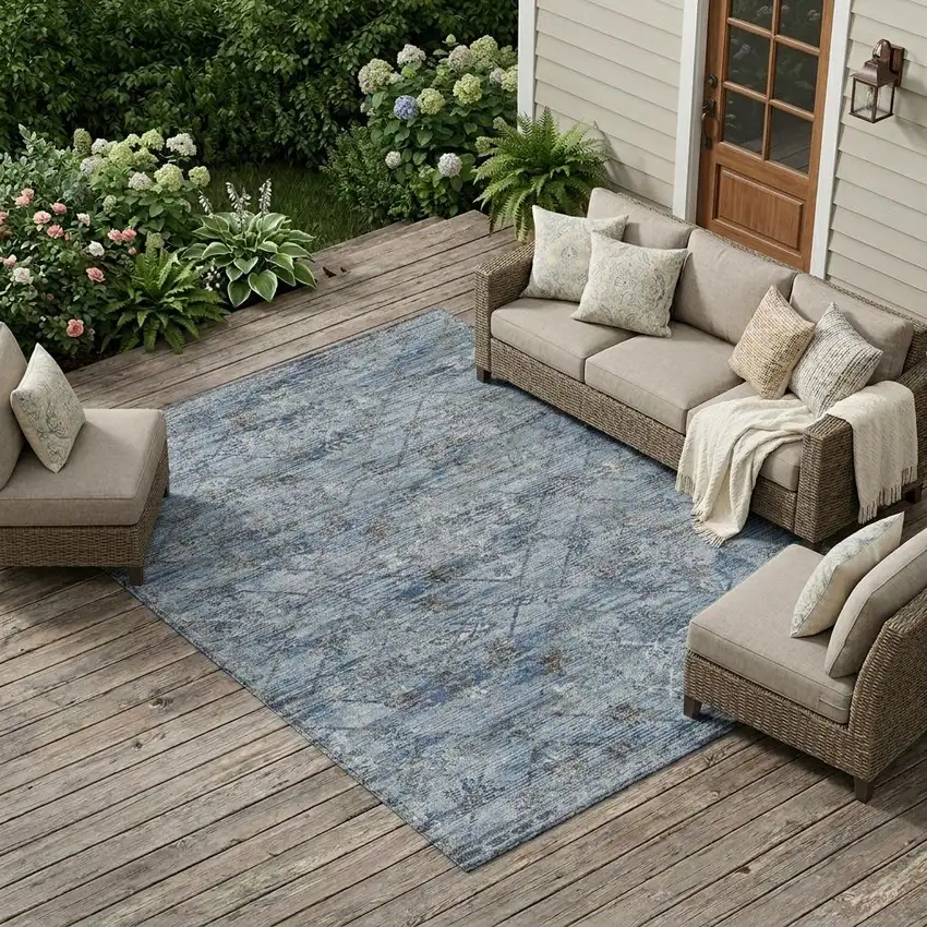 Sky Blue And Ivory Geometric Washable Indoor Outdoor Area Rug Photo 1