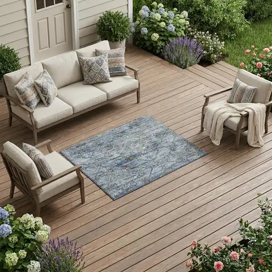 Sky Blue And Ivory Geometric Washable Indoor Outdoor Area Rug Photo 1