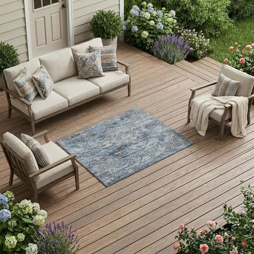 Sky Blue And Ivory Geometric Washable Indoor Outdoor Area Rug Photo 1