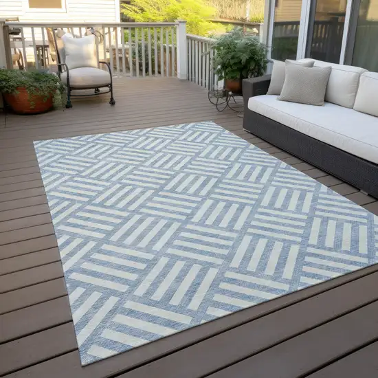 Sky Blue And Ivory Geometric Washable Indoor Outdoor Area Rug Photo 9
