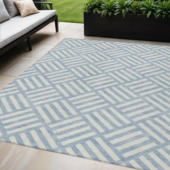 Sky Blue And Ivory Geometric Washable Indoor Outdoor Area Rug Photo 1
