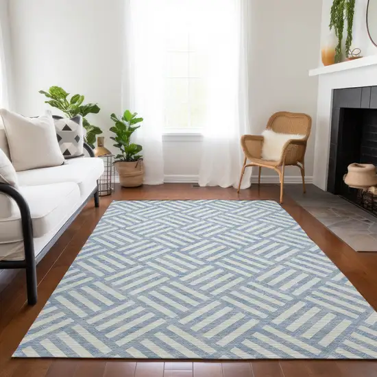 Sky Blue And Ivory Geometric Washable Indoor Outdoor Area Rug Photo 8