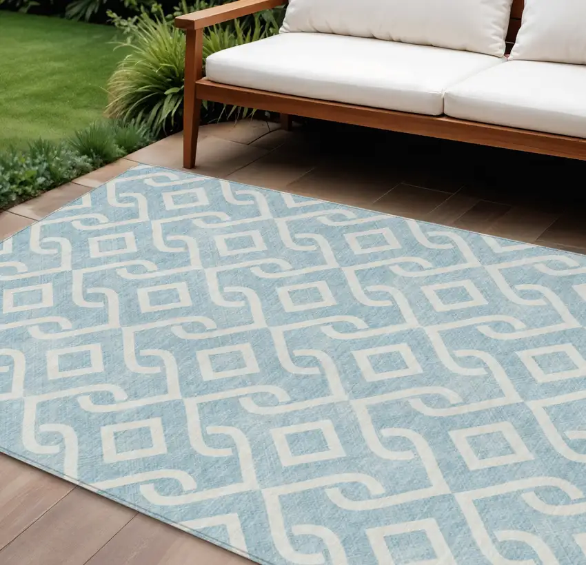 Sky Blue And Ivory Geometric Washable Indoor Outdoor Area Rug Photo 1
