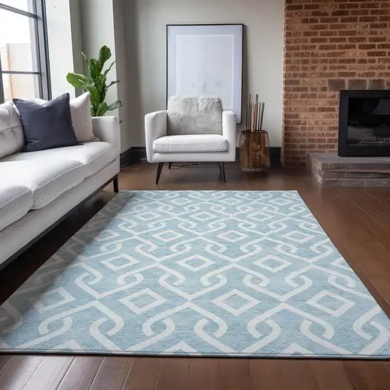 Sky Blue And Ivory Geometric Washable Indoor Outdoor Area Rug Photo 7