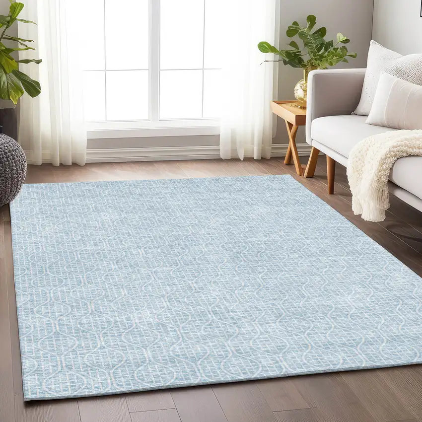Sky Blue And Ivory Geometric Washable Indoor Outdoor Area Rug Photo 8