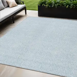 Photo of Sky Blue And Ivory Geometric Washable Indoor Outdoor Area Rug