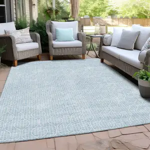 Photo of Sky Blue And Ivory Geometric Washable Indoor Outdoor Area Rug