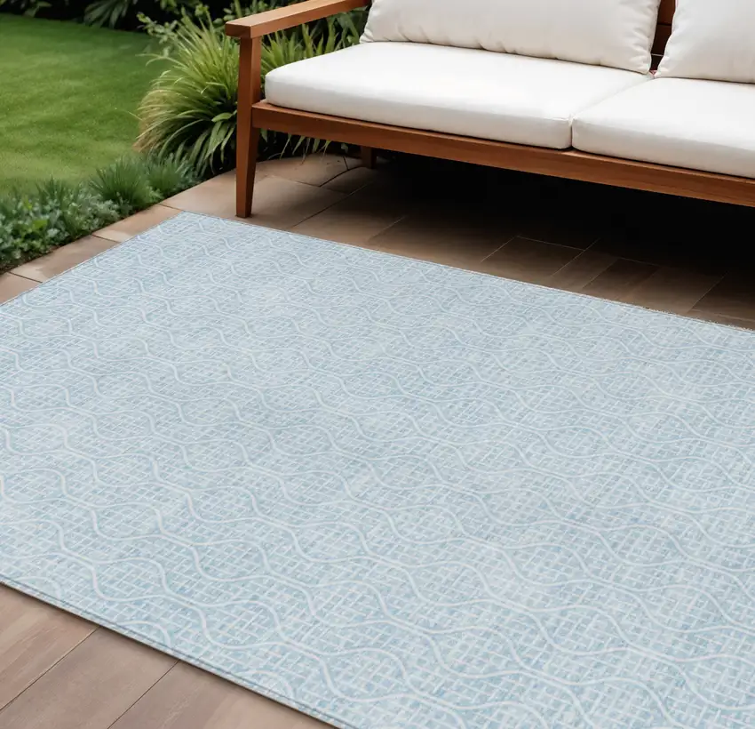 Sky Blue And Ivory Geometric Washable Indoor Outdoor Area Rug Photo 1