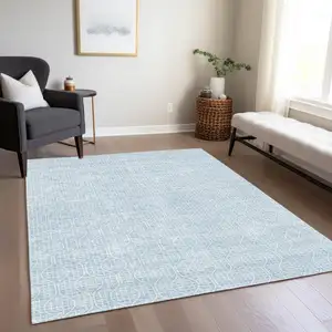 Photo of Sky Blue And Ivory Geometric Washable Indoor Outdoor Area Rug