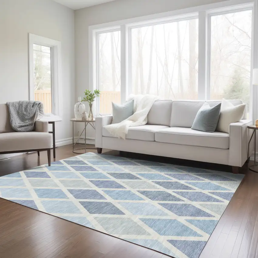 Sky Blue And Ivory Geometric Washable Indoor Outdoor Area Rug Photo 9