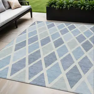 Photo of Sky Blue And Ivory Geometric Washable Indoor Outdoor Area Rug