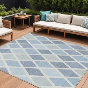 Photo of Sky Blue And Ivory Geometric Washable Indoor Outdoor Area Rug